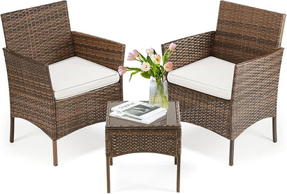 DUMOS Set 3 Pieces Outdoor Furniture with Soft Cushion and Glass Table, All Weather Manual Weaving Wicker Rattan Patio Chairs for Garden, Terrace, Porch, Lawns, Brown