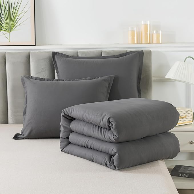 Dark Gray Comforter Set Full, Solid Grey Down Alternative Bedding Comforter Set, Breathable Fluffy Microfiber Comforter Full Size (79"x90") for All Seasons with Pillowcase