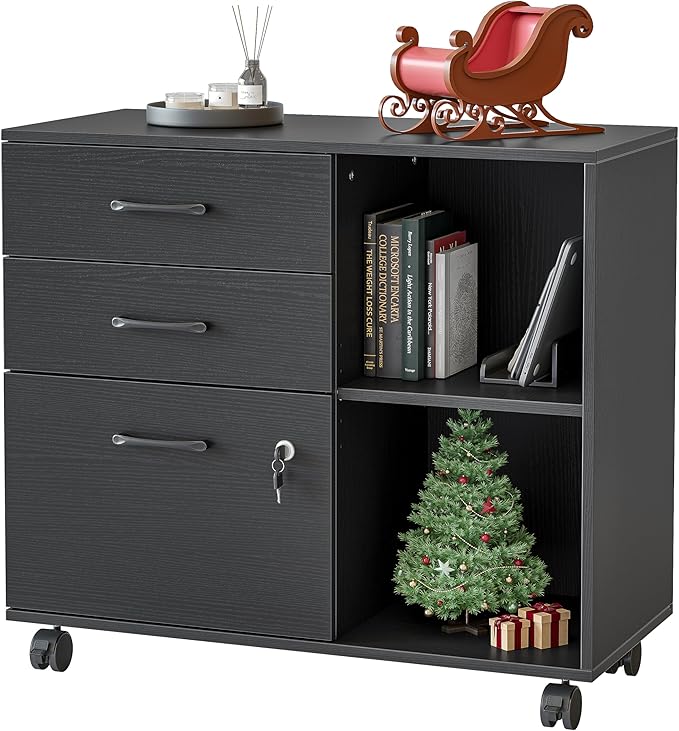 FEZIBO 3-Drawer Mobile File Cabinet, Lateral Filing Cabinet with Lock, Printer Stand with Open Storage Shelves for Home Office, Filing Cabinets for Home Office, Black