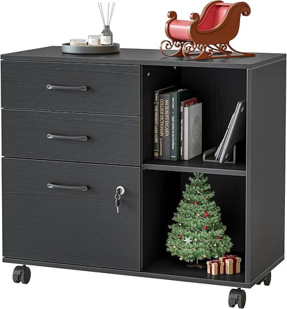 FEZIBO 3-Drawer Mobile File Cabinet, Lateral Filing Cabinet with Lock, Printer Stand with Open Storage Shelves for Home Office, Filing Cabinets for Home Office, Black