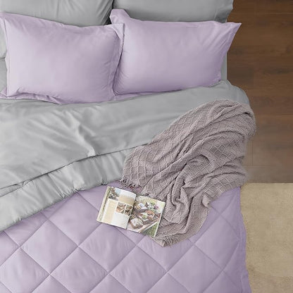 Bedsure Light Purple Twin Comforter Set - 5 Pieces Reversible Twin Bed in a Bag, Extra Long Twin Bed Set Light Purple and Grey with Comforters, Sheets, Pillowcase & Sham