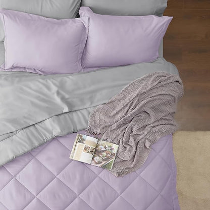 Bedsure Light Purple Full Size Comforter Set - 7 Pieces Reversible Full Bed in a Bag, Full Bed Set Light Purple and Grey with Comforters, Sheets, Pillowcases & Shams
