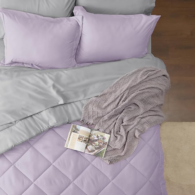 Bedsure Light Purple King Size Comforter Set - 7 Pieces Reversible King Bed in a Bag, King Bed Set Light Purple and Grey with Comforters, Sheets, Pillowcases & Shams