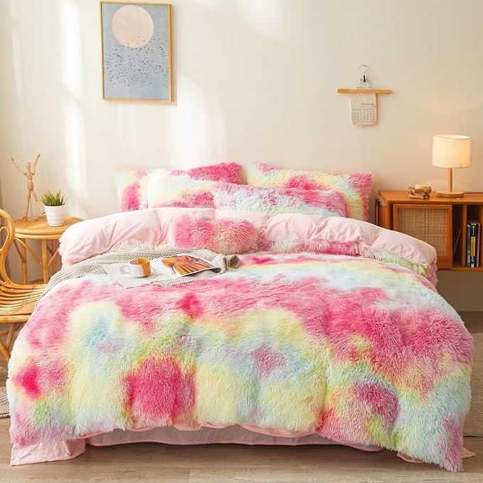 FOPPA Rainbow Plush Comforter Cover Set, 3 Pieces (Queen, Tie-Dye), Ultra Soft Faux Fur Bedding