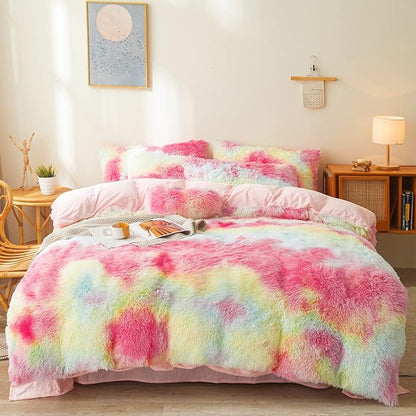 FOPPA Rainbow Plush Comforter Cover Set, 3 Pieces (Queen, Tie-Dye), Ultra Soft Faux Fur Bedding