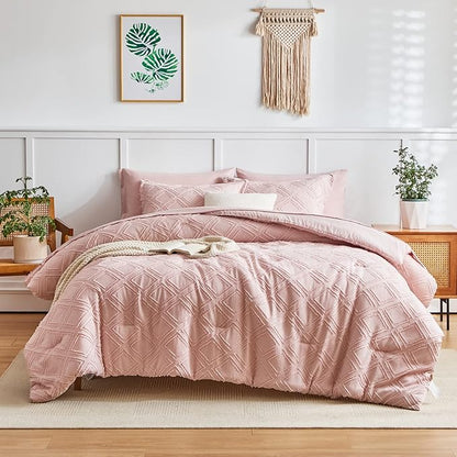 7 Pieces Tufted Bed in a Bag King Comforter Set with Sheets Blush, Soft and Embroidery Shabby Chic Boho Bohemian, Luxury Solid Color with Diamond Pattern, Jacquard Tufts Bedding Set for All Season