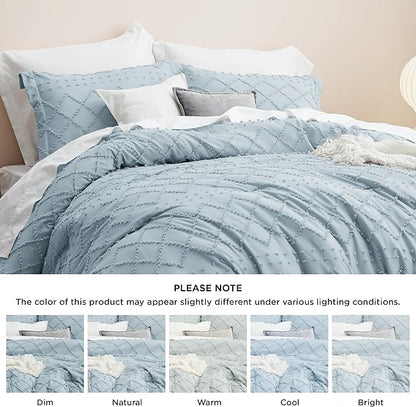 Bedsure Queen Comforter Set - Dusty Blue Comforter, Boho Tufted Shabby Chic Bedding Comforter Set, 3 Pieces Vintage Farmhouse Bed Set for All Seasons, Fluffy Soft Bedding Set with 2 Pillow Shams