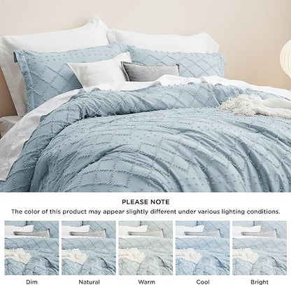 Bedsure King Size Comforter Set - Dusty Blue Comforter, Boho Tufted Shabby Chic Bedding Comforter Set, 3 Pieces Farmhouse Bed Set for All Seasons, Fluffy Soft Bedding Set with 2 Pillow Shams