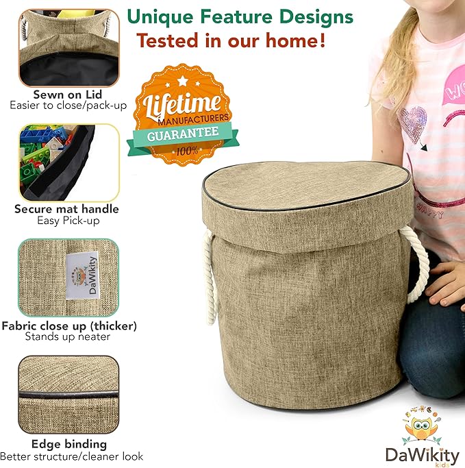 Toy Storage Basket and Play Mat - Building Bricks Toy Storage Organizer - Tidy with Ease - Toy Blocks Mat Storage Bag - Collapsible XL Kids Canvas Bag/Bin - Drawstring Playmat Boy/Girls-15"x14”(BEIGE)