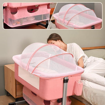Baby Crib,3 in 1 Bedside Crib Adjustable Portable Bed for Infant,Baby Bassinet Baby Newborn Must Have Bed,Pink