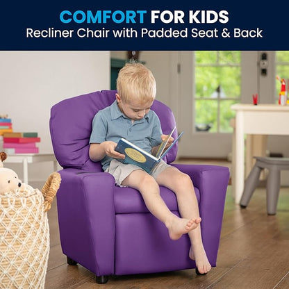 Flash Furniture Chandler Vinyl Kids Recliner with Cup Holder and Safety Recline, Contemporary Reclining Chair for Kids, Supports up to 90 lbs., Lavender