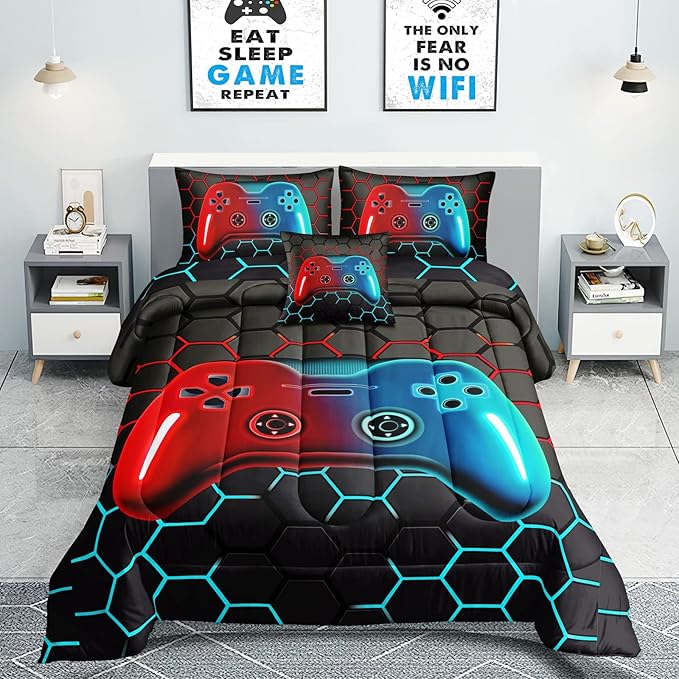 5 Pieces Bed in A Bag Gamer Bedding Set for Boys Kids Adult Gaming Comforters Set,Boys Bed in A Bag Set Twin Size Comforter with Fitted Sheet Flat Sheet Pillowcase pillowsham,DJTH5028Twin
