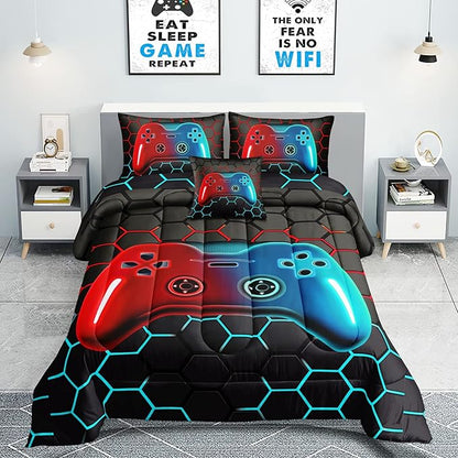 6 Pieces Bed in A Bag Gamer Bedding Set for Boys Kids Adult Gaming Comforters Set,Boys Bed in A Bag Set Queen Size Comforter with Fitted Sheet Flat Sheet Pillowcase pillowsham,DJTH5028Queen