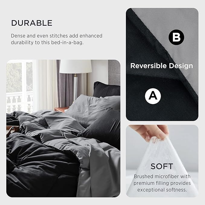 Bedsure Twin Bedding Set - 5 Pieces Reversible Twin Comforter Set, Black Extra Long Twin Bed in a Bag with Comforters, Sheets, Pillowcase & Sham, Bed Set Twin