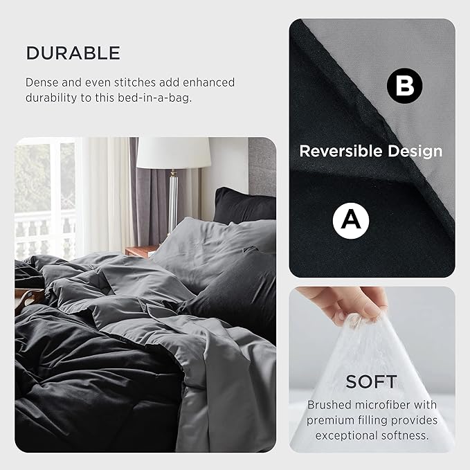 Bedsure Black Comforter Set Queen - 7 Pieces Reversible Black Bed in a Bag with Comforters, Sheets, Pillowcases & Shams, Queen Black Bed Set
