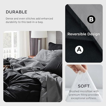 Bedsure Black Comforter Set Queen - 7 Pieces Reversible Black Bed in a Bag with Comforters, Sheets, Pillowcases & Shams, Queen Black Bed Set