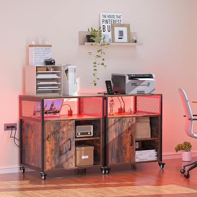 LED Rolling Wheels Filing Cabinet with Lock, File Cabinets with Charging Station, Printer Stand with Storage for Office Home, A4 Letter Size File Folders
