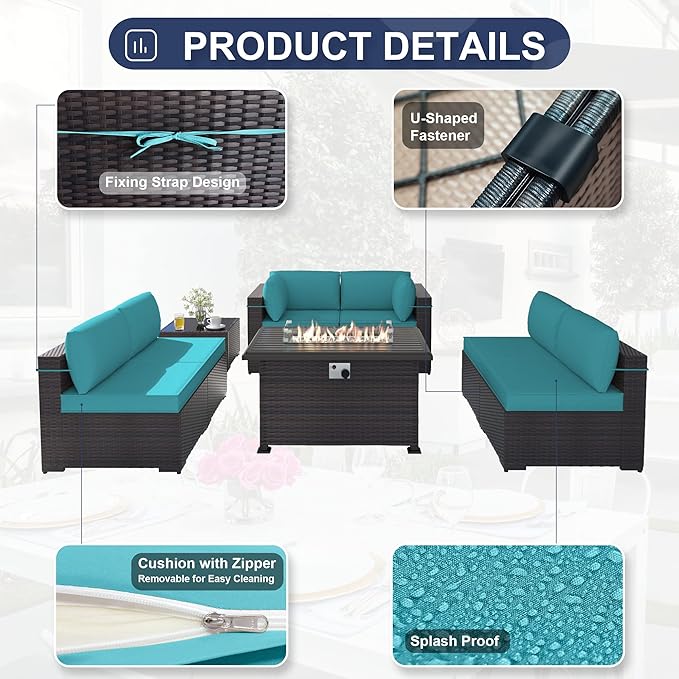 Patio Furniture Set with Fire Pit Table 8 PCS Outdoor Sectional Furniture Outdoor Rattan Patio Conversation Sets with 43in 55,000 BTU Propane Gas Fire Pit Table Glass Table, Blue