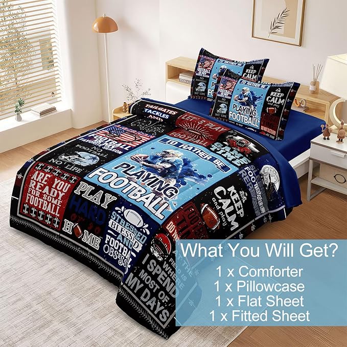 American Football Bedding Twin for Teen Boys, Kids Sports Comforter Set Bed in A Bag, Blue Children Bed Set with Sheets Twin Size