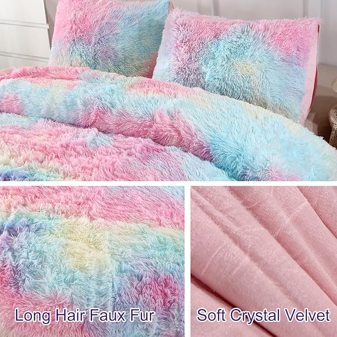 WINLIFE Shaggy Faux Fur Comforter Set Flannel Fuzzy Bedding Set Long Hair Fluffy Plush Comforter Sets Gradient Ombre Tie Dye MultiColor Bedding for Girls Women (3Pcs, Queen, Rainbow)