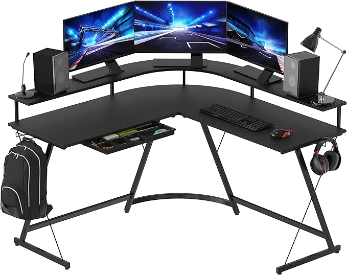 SHW Vista L Desk with U Monitor Stand and Drawer, Black