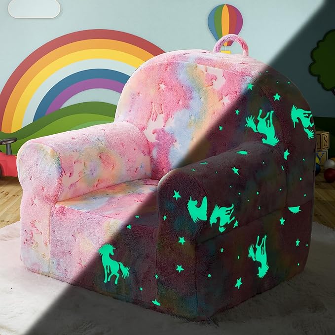 Toddler Chair Kids Plush Chair Sherpa Kids Chairs, Toddler Couch Bean Bag Chairs for Kids Gaming Chair for Kids Glow in The Dark, Rainbow Pink