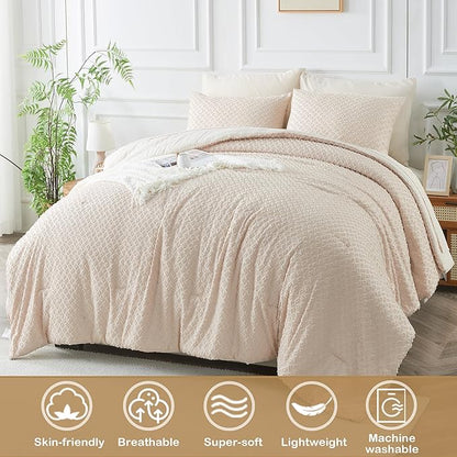 Queen Size Kids Comforter Set for Girls 7 Piece Beige Boho Tufted Kids Bedding Set for Boys Bed in A Bag Quilt Set with 1 Comforter,1 Flat Sheet, 1 Fitted Sheet, 2 Pillowcase and 2 Pillow Sham