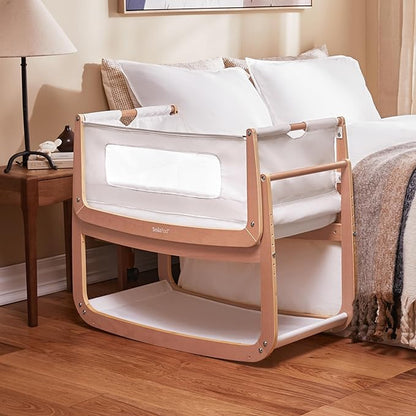 SnuzPod4, Bassinet Bedside Sleeper - Safe and Comfortable Baby Crib and Bed, 3D Breathable Mattress, Fits Bed with Adjustable Max. Height of 28.5”, Machine Washable Mesh Liner (Natural)
