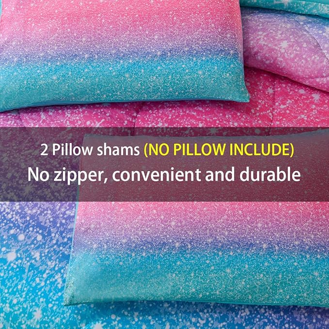 JQinHome Queen 3Pcs Glitter Comforter Sets for Girls, 3D Colorful Duvet Pink Rainbow Themed Bedding, All-Season Reversible Quilted Duvet,for Girls Women- includes 1 Comforter, 2 Pillowcases