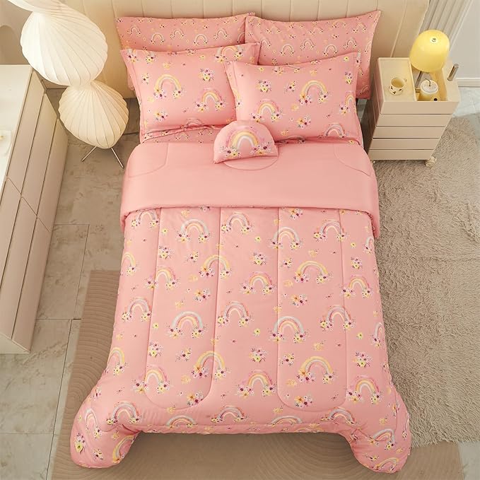 Mooreeke Twin Size Comforter Sets for Girls Kids, 6 Pieces Bed in a Bag Pink Rainbow Flowers Bedding Comforter Sheet Set with Shams and Decorative Toy Pillow, Ultral Soft Microfiber Kids Bed Set