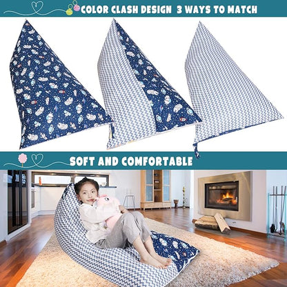 Stuffed Animal Storage Bean Bag Chair Cover, Cotton Blue Universe Plush Toy Storage Stuff and Sit Seat for Kids/Teens/Adults, 52" x 31" Extra Large Triangle Floor Sofa, 200L/52Gal, Cover Only