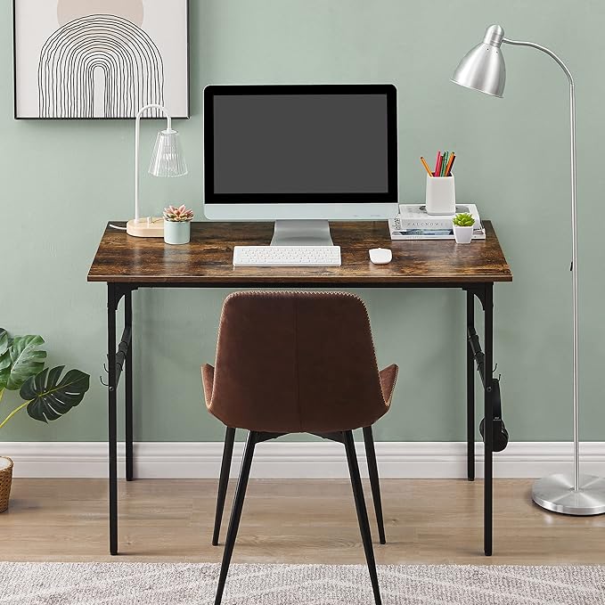 VECELO 44" Computer Writing Desk for Home Office, Study Table Workstation for Small Spaces with 6 Hooks & Adjustable Legs, Metal Frame,Brown, 44Inches