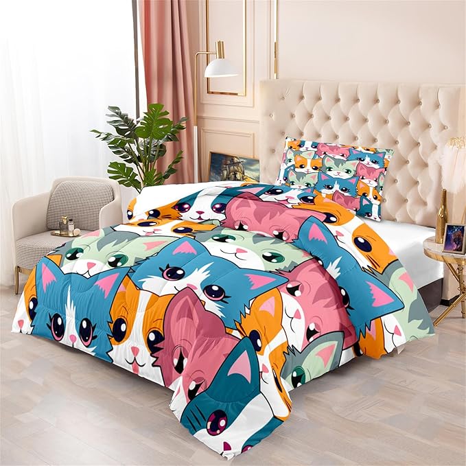 Cat Twin Comforter Set for Girls - Neon Cat Bedding Set for Girls Bedroom Cartoon Cats Twin Bedding Set for Room Ultra Soft Black Neon Cat Quilt and 1 Pillowcase Kids Girls Room Decor, Twin Size