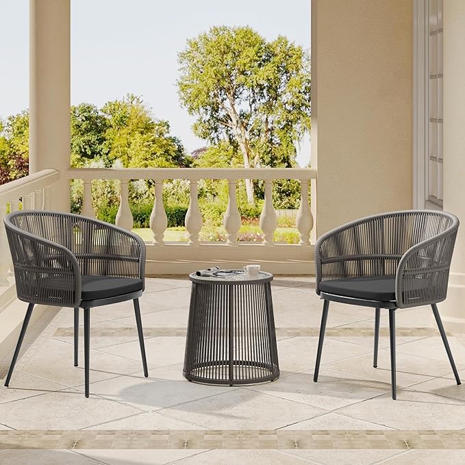 EAST OAK 3-Piece Patio Bistro Set, Patio Conversation Bistro Set with 2 Wide Ergonomic Chairs, Cushions & Glass Top Side Table, Outdoor All-Weather Wicker Furniture for Porch, Gray & Dark Gray