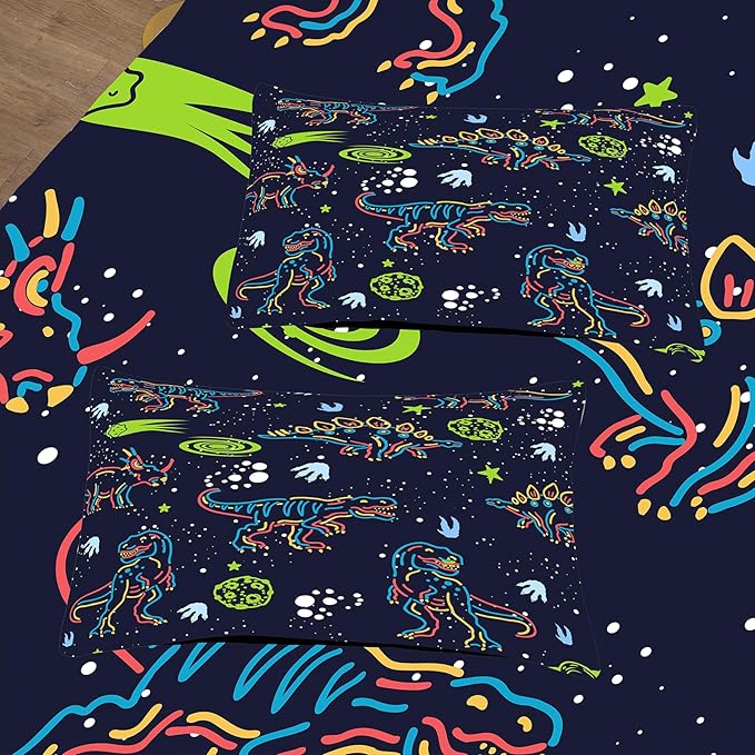 NINENINE Dinosaur Bedding Sets for Boys Kids,Dark Blue Retro Dinosaur Comforter Set,Queen Size Comforter Sets for Kids,with 1 Comforter 2 Pillowcases…