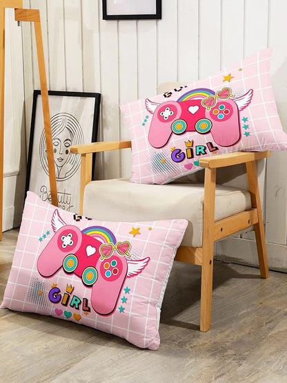 Datura home Bedding Comforter Set Pink Gamepad Printed Pattern Quilt with 1 and 2 Pillowcases for Girls Bedroom All Season(Pink Queen) Queen 90x90inches