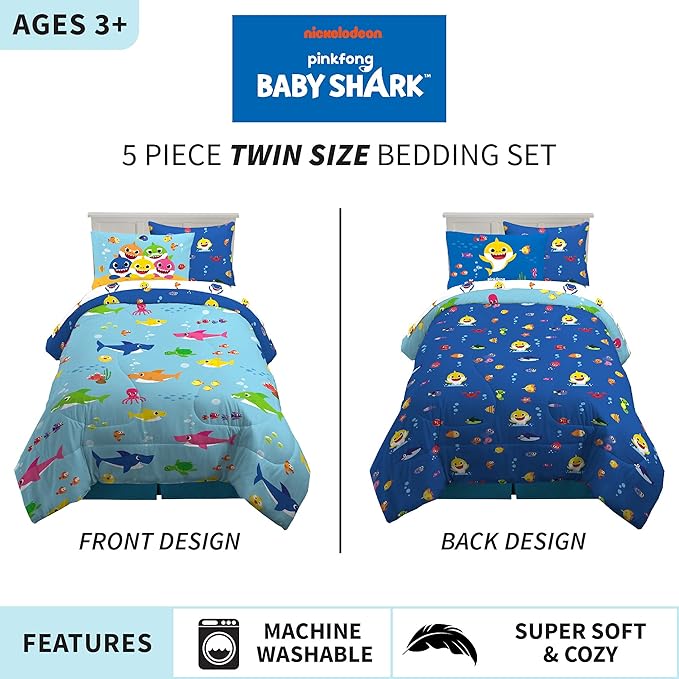 Franco Kids Bedding Super Soft Comforter and Sheet Set with Sham, 5 Piece Twin Size, Baby Shark