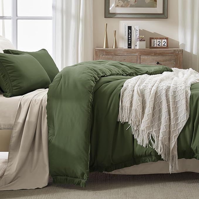 Andency Olive Green Comforter Set King, 3 Pieces Boho Tassel Lightweight Bedding Comforter Sets for King Bed, All Season Soft Fluffy Fringe Bed Set (104x90In Comforter & 2 Pillowcases)