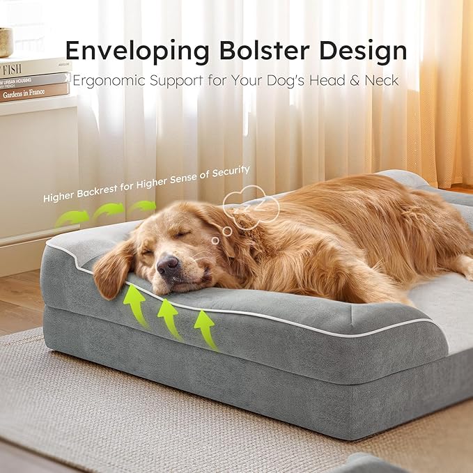 Extra Large Dog Bed - Orthopedic with Cooling Gel Memory Foam, Waterproof XL with Removable Washable Cover, 42" Dog Sofa Couch Dutch Velvet with Bone Toy, Light Gray