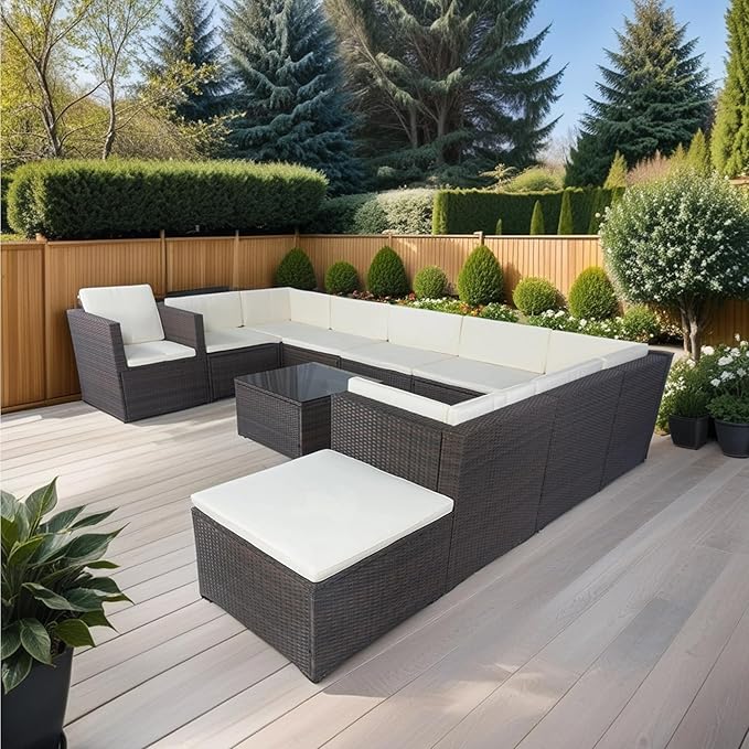 11 Pieces Outdoor Furniture Sofa, 10 Seater Patio Sectional Set with 3 Storage Box Under Seat Brown Wicker + White Cushion for Garden, Balcony, Poolside, Backyard, Zk-Beige