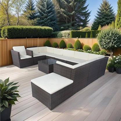 11 Pieces Outdoor Furniture Sofa, 10 Seater Patio Sectional Set with 3 Storage Box Under Seat Brown Wicker + White Cushion for Garden, Balcony, Poolside, Backyard, Zk-Beige