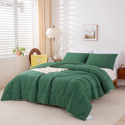 COTTEBED Softness Comforter Set KING Size Bed, Jersey Knit Cotton T-Shirt Feel Ultra-Soft Comy Lightweight Bedding Quilt Blanket Pillowsham All Season, California/Cal King Emerald/Hunter/Forest Green