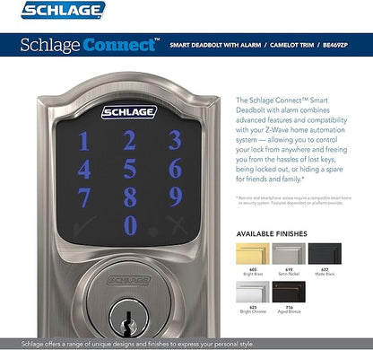 SCHLAGE BE469ZP CAM 625 Connect Smart Deadbolt With Alarm Inbuilt Camelot Trim In Bright Chrome