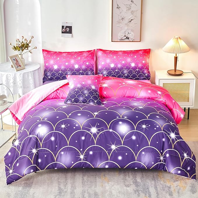 URBONUR Purple Glitter Comforter Set Queen Size for Girls 6 Piece Bed in A Bag Comforter with Sheets Set, Gradient Pink Purple Sparkle Mermaid Fish Scales Bedding Comforter Set