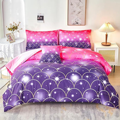 URBONUR Purple Glitter Comforter Set Queen Size for Girls 6 Piece Bed in A Bag Comforter with Sheets Set, Gradient Pink Purple Sparkle Mermaid Fish Scales Bedding Comforter Set