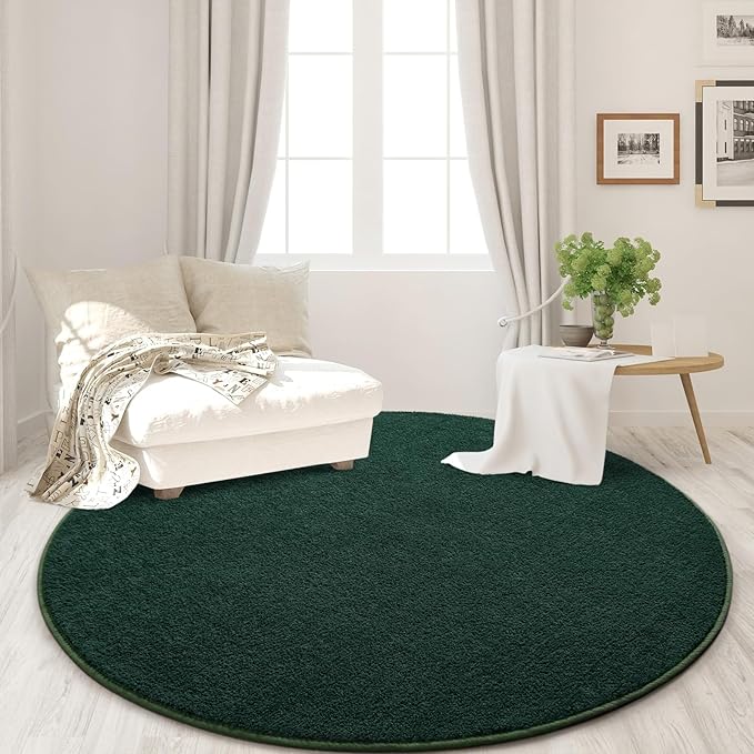 Round Area Rugs for Bedroom Living Room, 5x5 Dark Green Super Soft Comfy Thickened Memory-Foam Indoor Circle Carpet, Modern Aesthetic Minimalist Carpet for Boys Girls Adults Nursery Home Décor