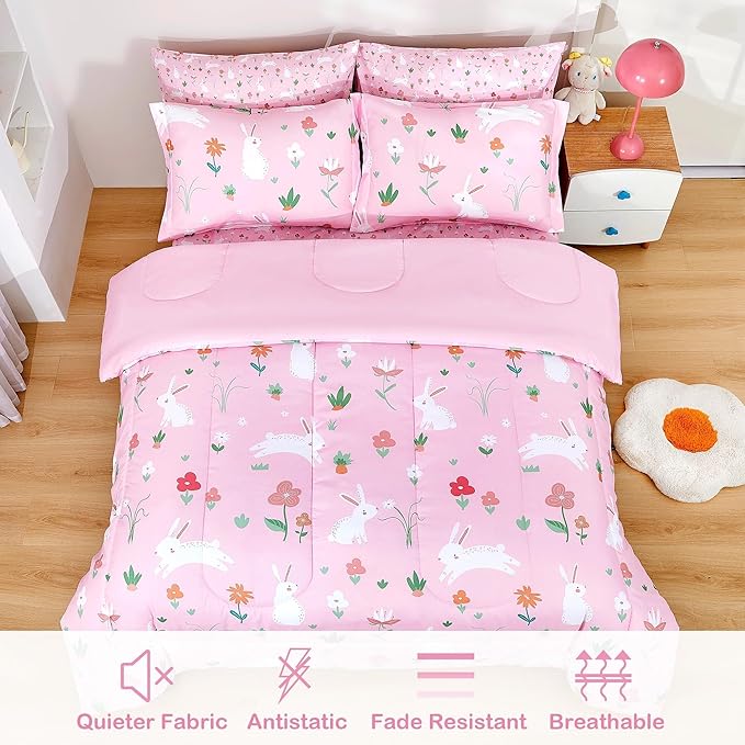 Mooreeke Bed in a Bag for Kids Girls Teens, 7 Pieces Full Size Comforter Bed Set with Shams, Sheet Set, Rabbit Pink Super Soft Microfiber Kids Comforter Bedding Set
