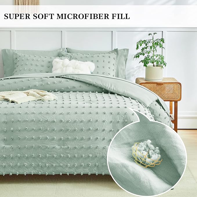 6 Pieces Tufted Dots Bed in a Bag Twin Comforter Set with Sheets Green , Soft and Embroidery Shabby Chic Boho Bohemian Comforters, Solid Color with Pom Pom Design, Jacquard Tufts Bedding Set for Kids