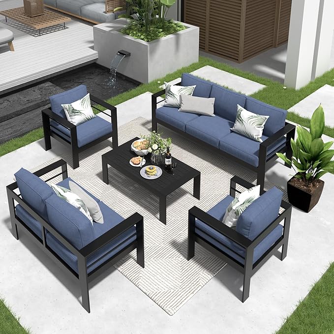 Solaste Aluminum Patio Furniture Set,5 Pieces Modern Outdoor Conversation Set Sectional Sofa with Upgrade Cushion and Coffee Table,Black Frame and Blue Cushion
