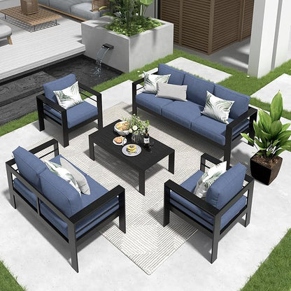 Solaste Aluminum Patio Furniture Set,5 Pieces Modern Outdoor Conversation Set Sectional Sofa with Upgrade Cushion and Coffee Table,Black Frame and Blue Cushion